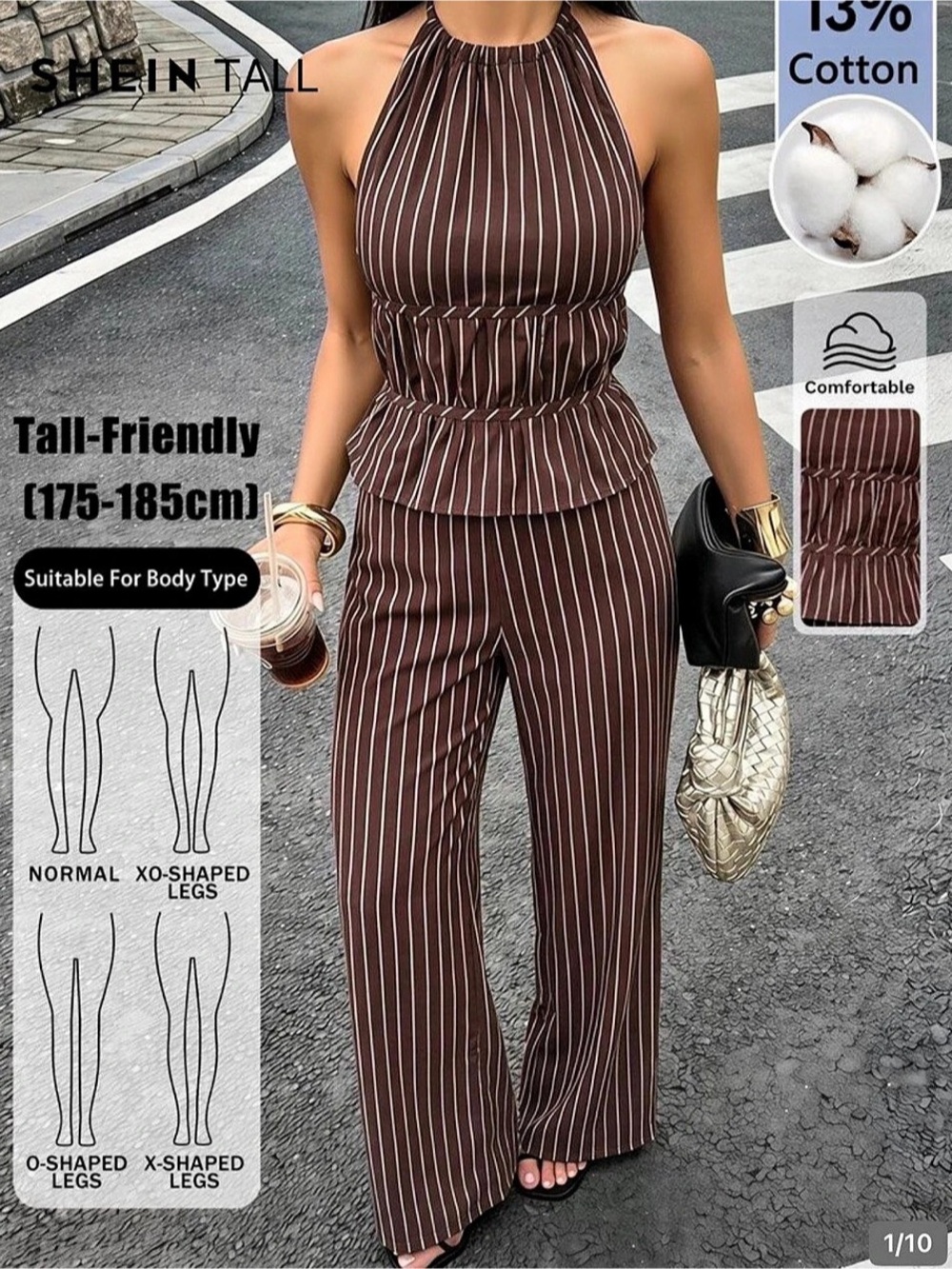 SHEIN Striped Wide-Leg Jumpsuit in Brown & White